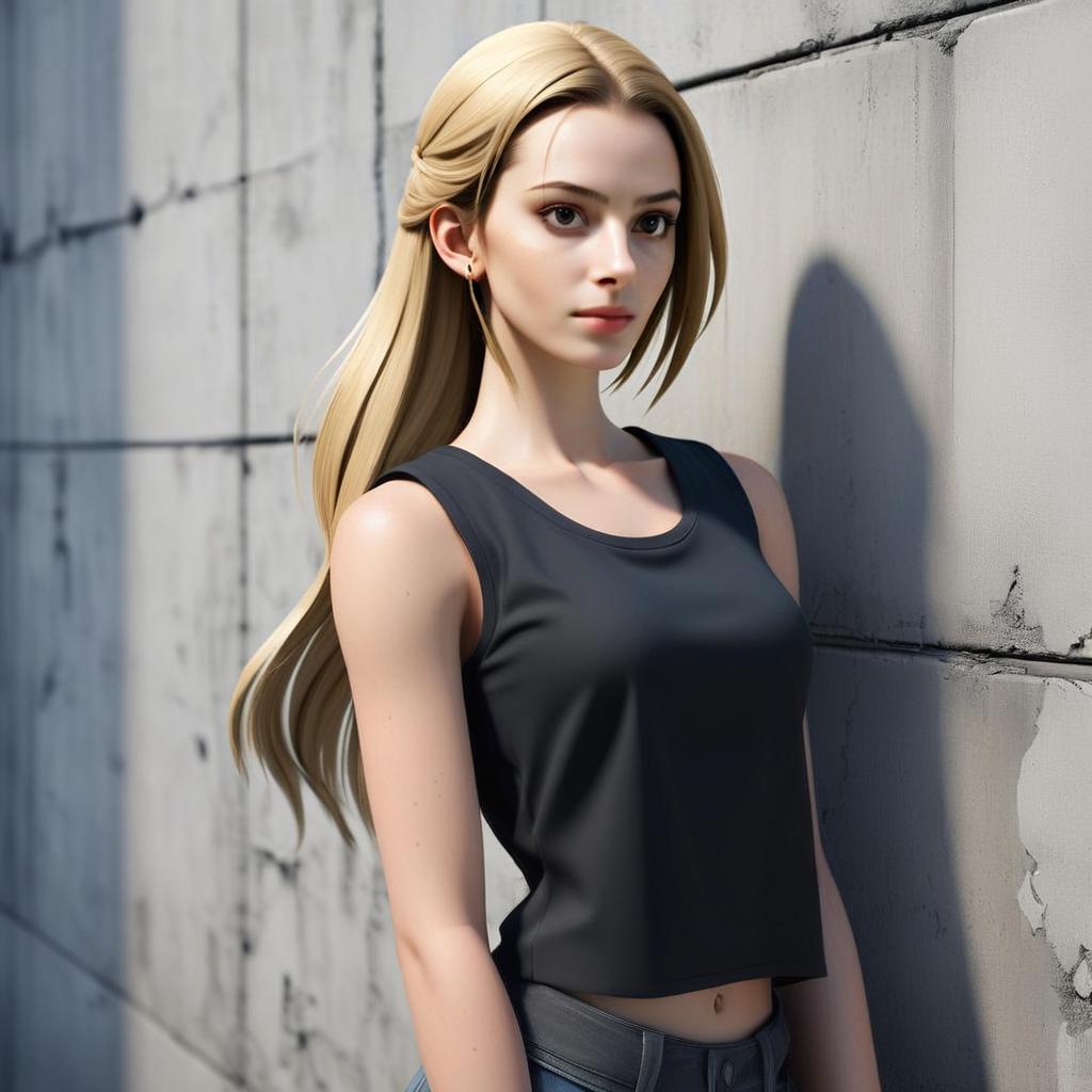 Hyper-Realistic Digital Portrait of Blonde Woman in Black Top by Concrete Wall