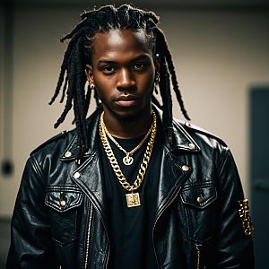 Confident Young Man in Black Leather Jacket with Gold Chains