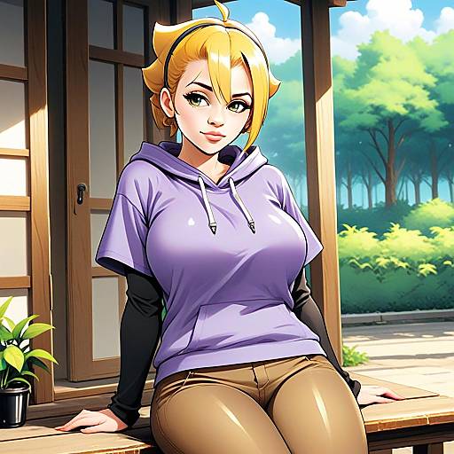 Anime Style Young Woman in Casual Outfit Sitting Outdoors on Wooden Bench