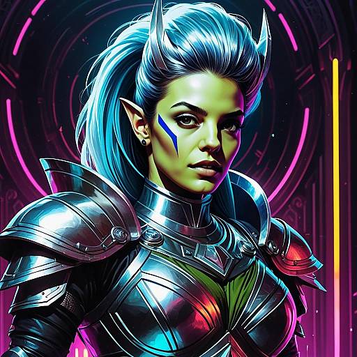Futuristic Female Warrior in Neon Sci-Fi Armor