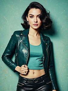 Woman in Casual Chic Black Cropped Moto Jacket with Asymmetrical Zipper