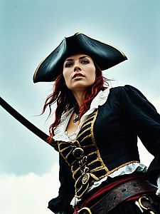 Dramatic Low Angle Photo of Woman in Pirate Costume with Cinematic Realism