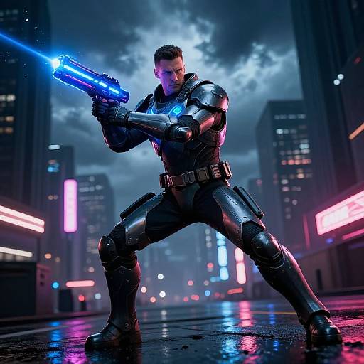 Futuristic Soldier in Advanced Armor with Energy Weapon in Cyberpunk City