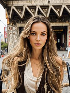 Confident Young Woman at Ornate Building Entrance