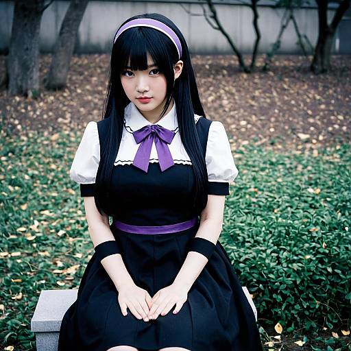 Young Woman in Black Dress with Purple Ribbon Inspired by Anime Style
