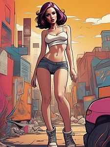 Stylish Woman with Purple Hair in Urban Sunset
