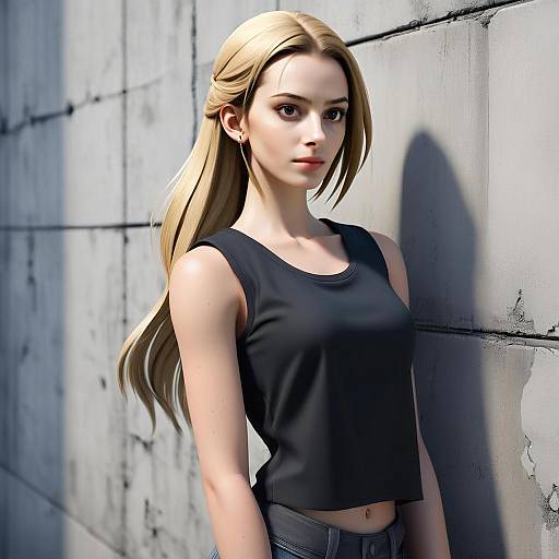 Hyper-Realistic Digital Portrait of Blonde Woman in Black Top by Concrete Wall