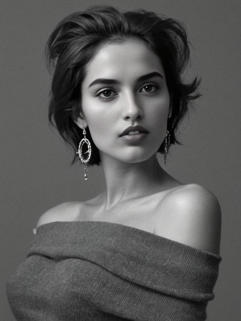 Black and White Portrait of Woman with Hoop Earrings and Off-Shoulder Sweater