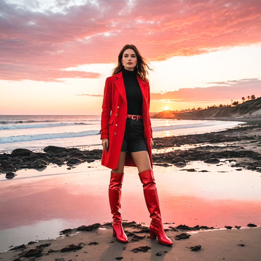 Stylish Woman in Red Coat on Beach at Sunset