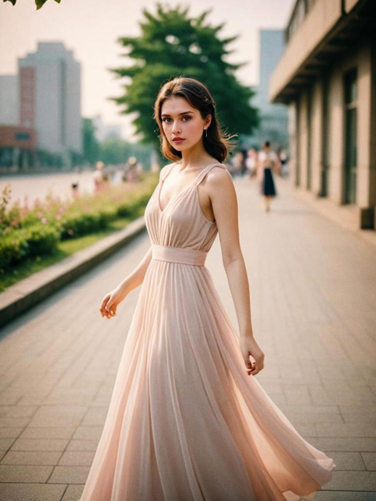 Elegant Woman in Flowing Dress on Sunlit City Street