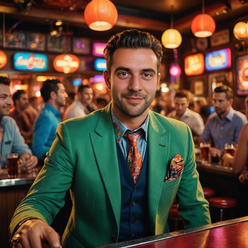 Man in Stylish Green Suit at Lively Bar