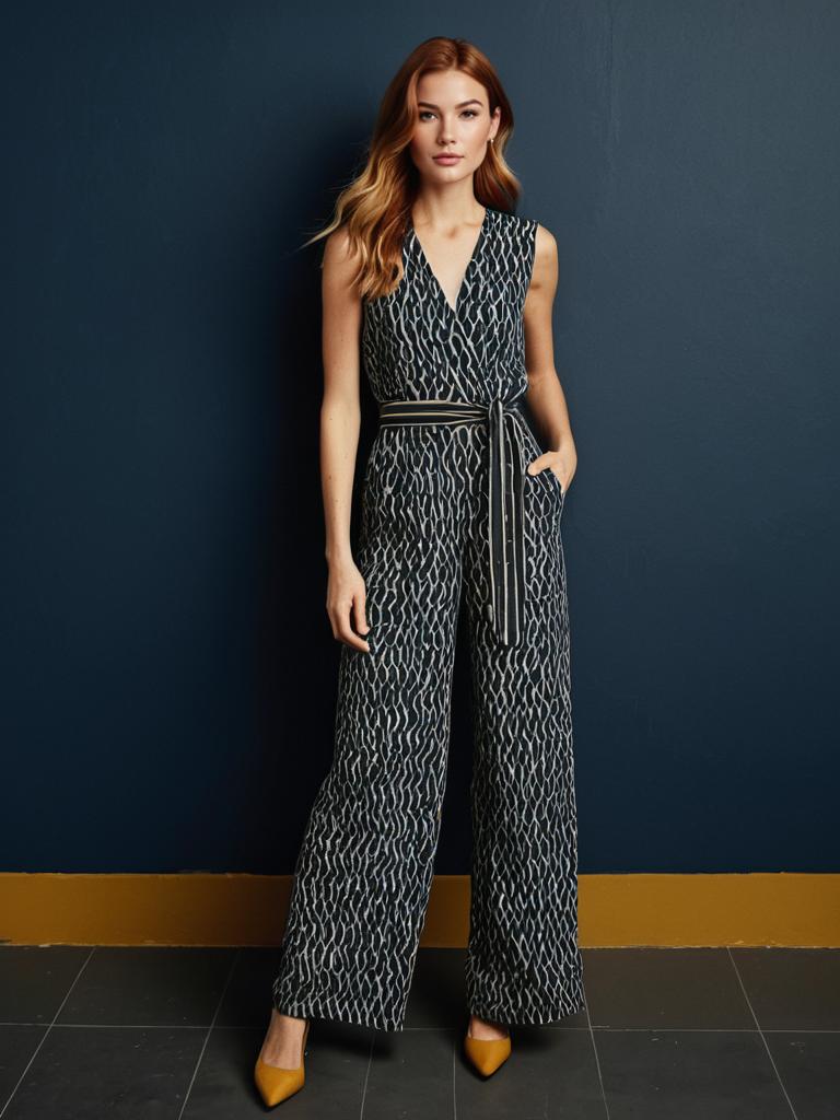 Woman Wearing Black and White Patterned Jumpsuit with Mustard Heels