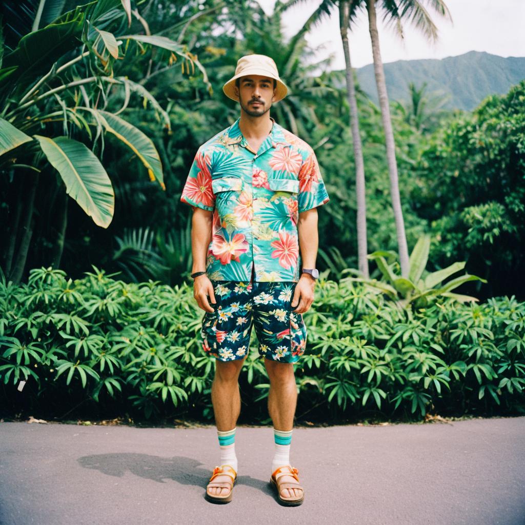 Man in Colorful Floral Outfit Standing on Tropical Path