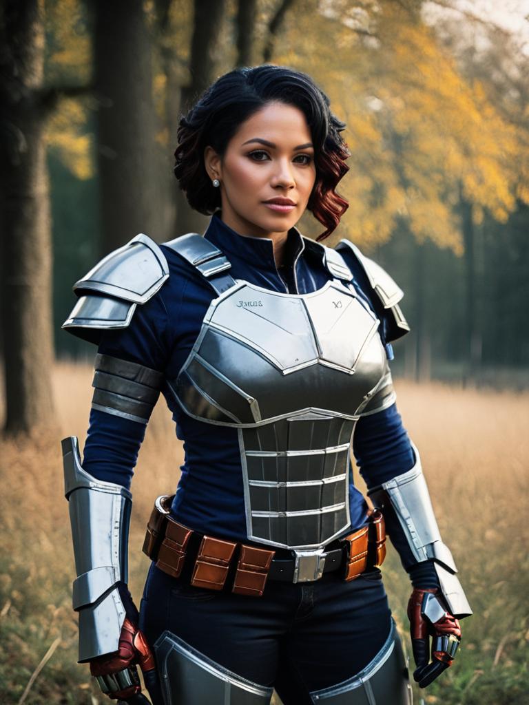 Woman Wearing Futuristic Silver Armor Outdoors in Autumn