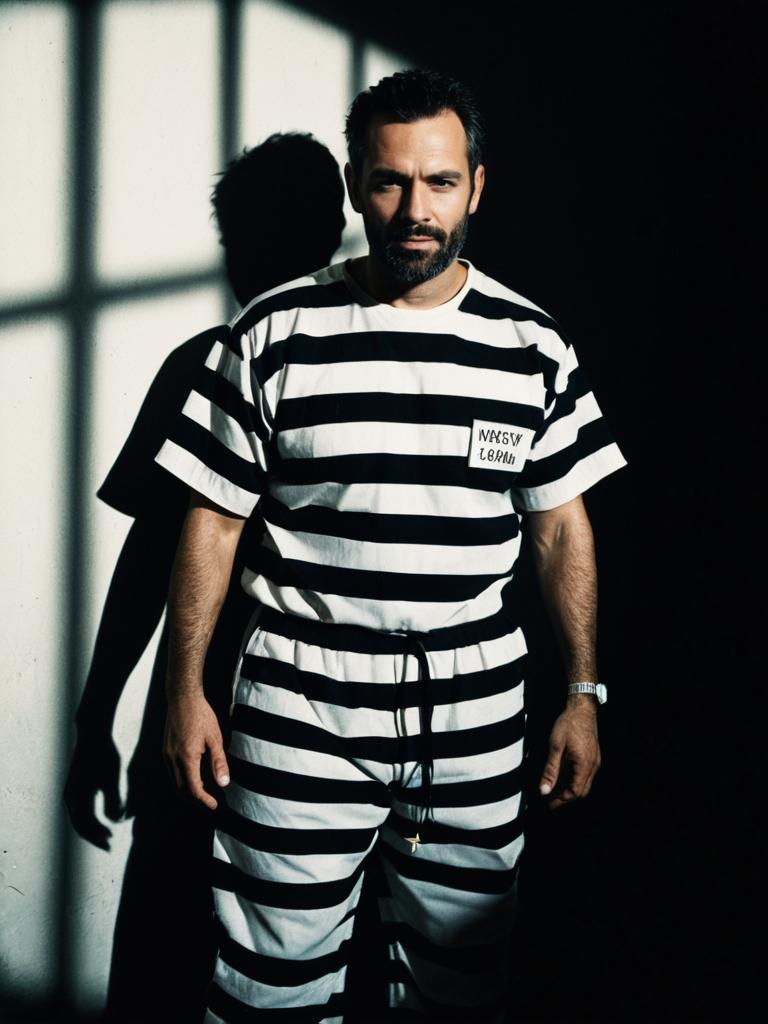 Photorealistic Portrait of Man in Vintage Prison Costume Black and White Stripes