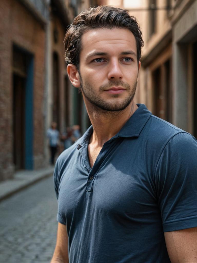 Contemplative Man on Cobblestone Street