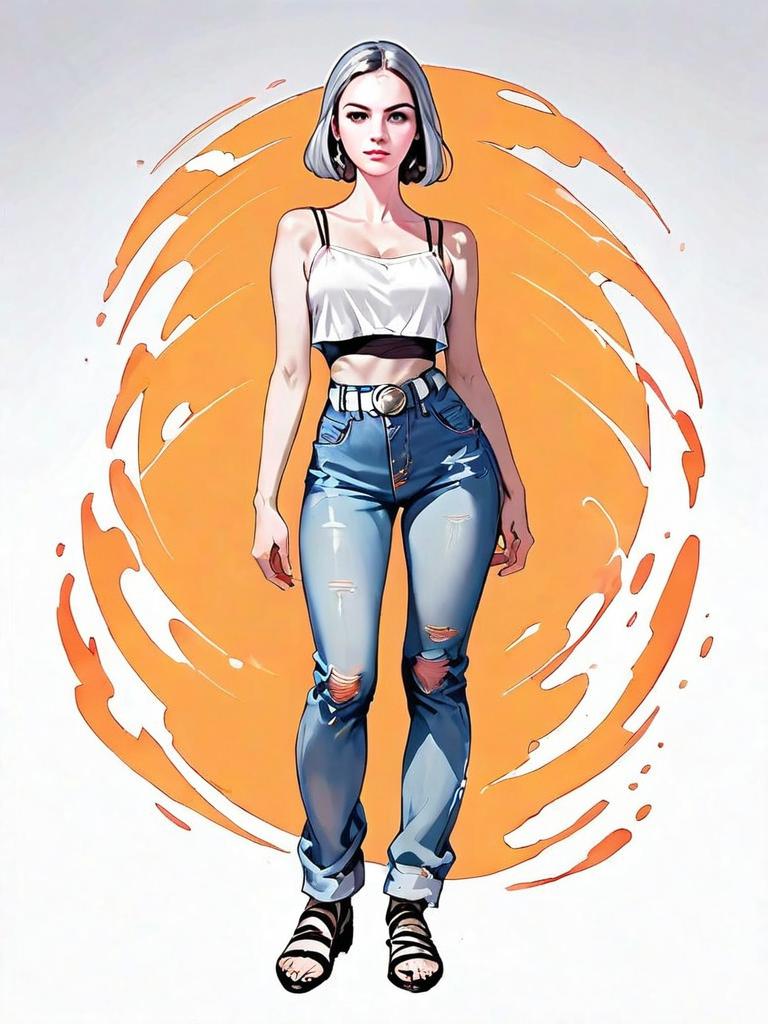 Contemporary Comic-Realistic Illustration of Woman in Casual Outfit Full Body