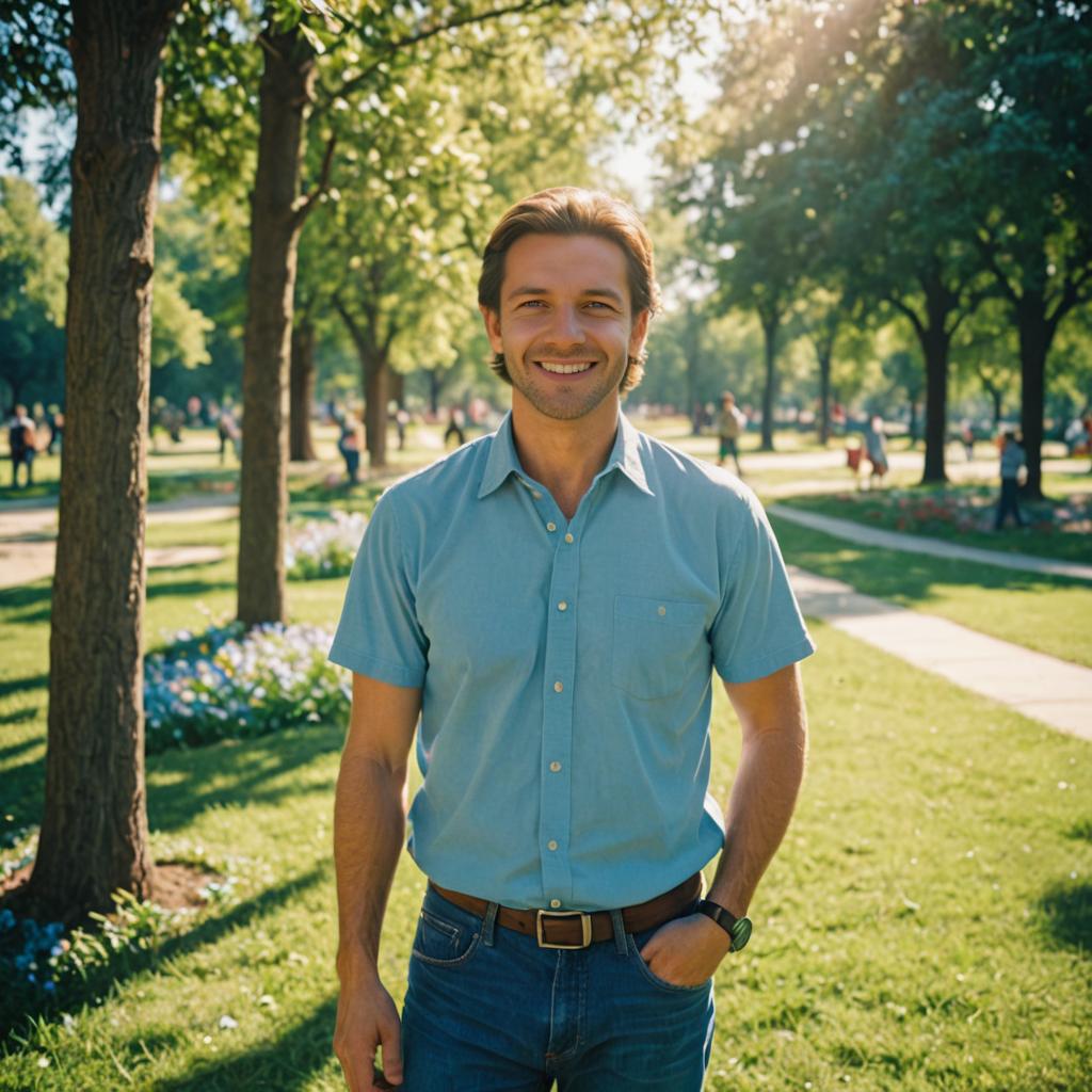 Cheerful man in sunlit park