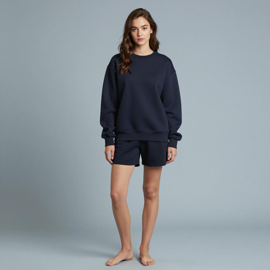 Casual Navy Blue Oversized Sweatshirt and Shorts Loungewear Outfit
