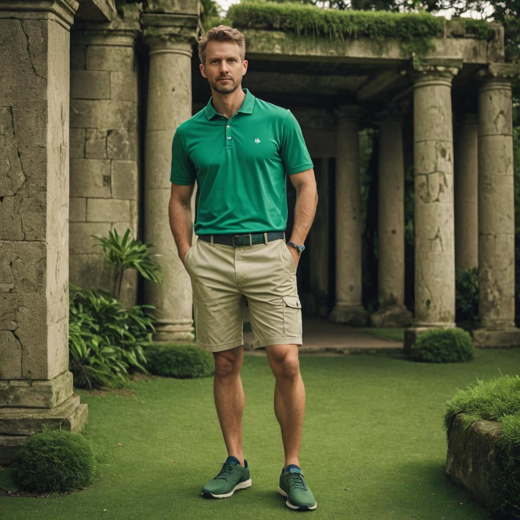 Confident man in green polo shirt by ancient columns