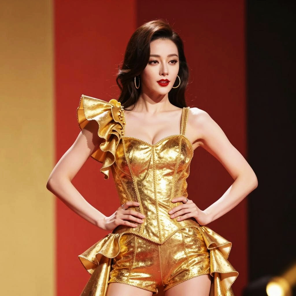 Glamorous Woman in Metallic Gold Outfit with Ruffled Shoulder