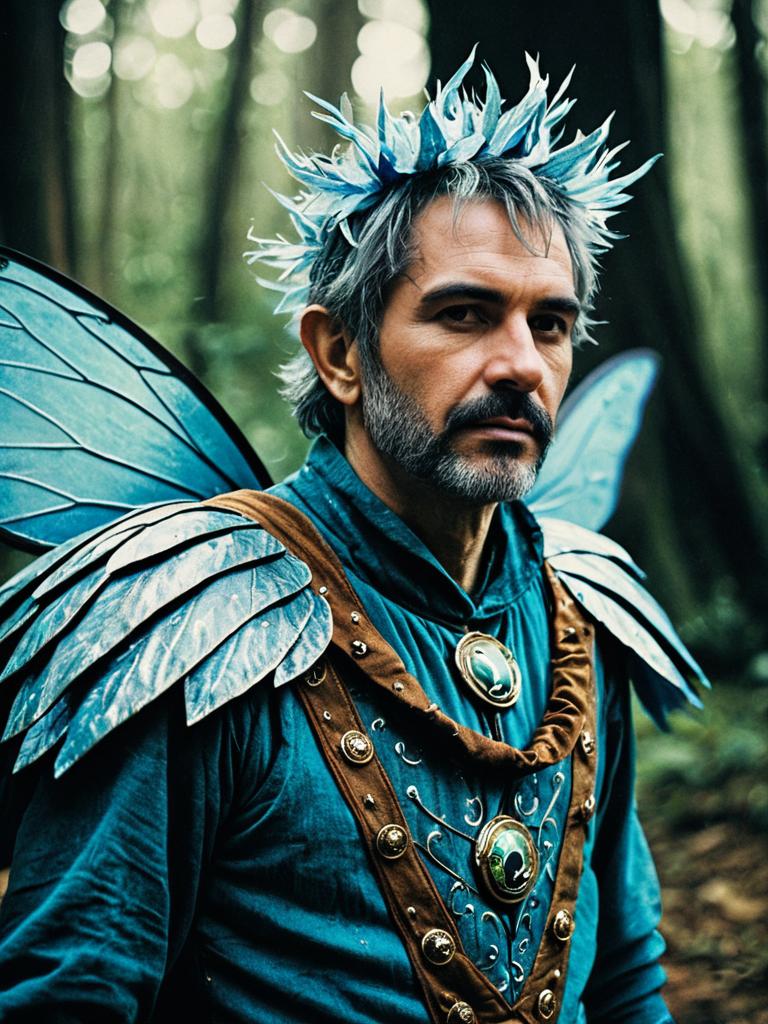 Man in Fantasy Fairy Costume Editorial Portrait in Forest