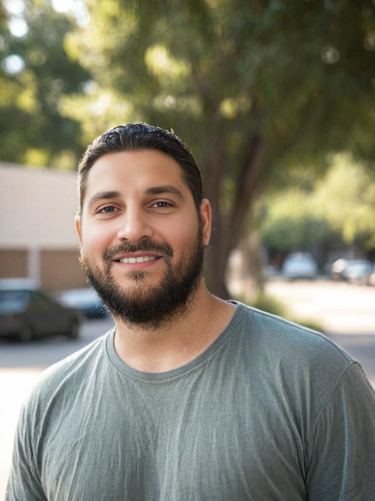 Smiling man outdoors in sunny residential area