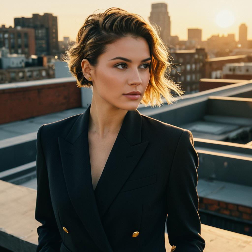 Confident Woman in Black Blazer on Urban Rooftop at Sunset