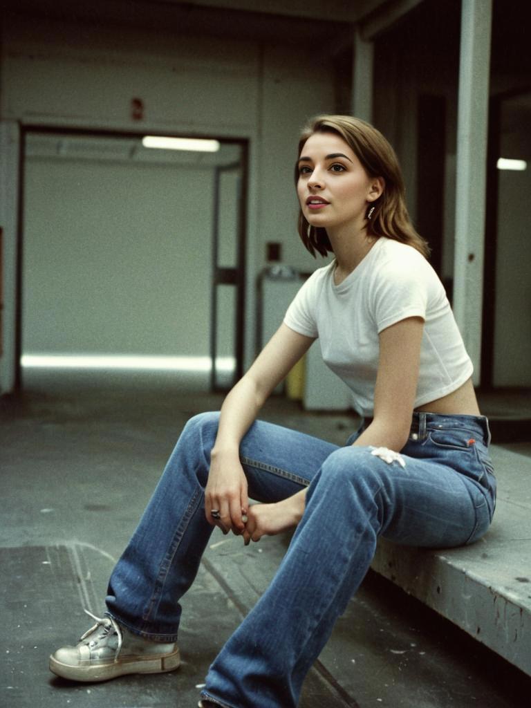 Casual Urban Portrait of Young Woman in White T-Shirt and Blue Jeans