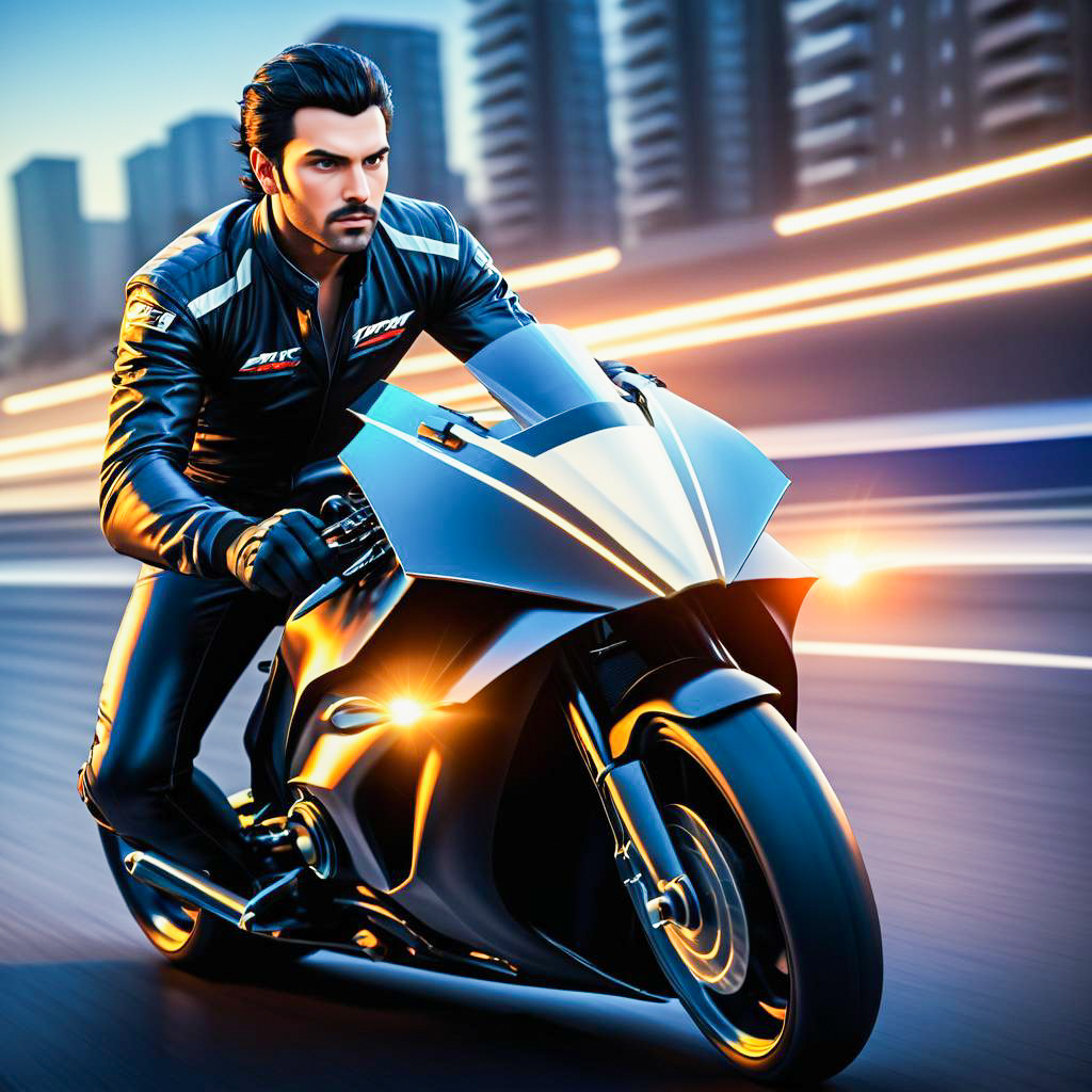 Stylish Young Man on Futuristic Motorcycle