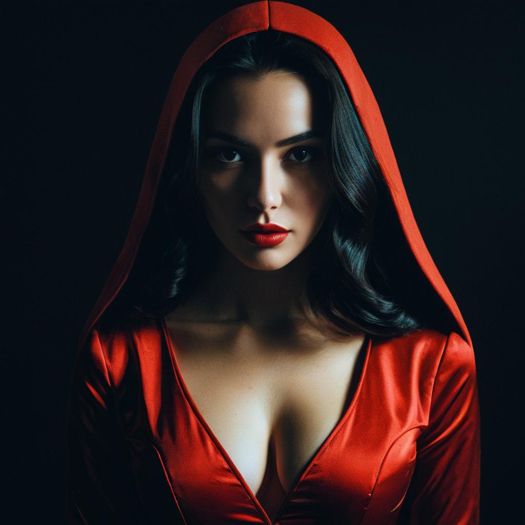 Portrait of Woman in Red Hooded Satin Dress with Intense Gaze Portrait of Woman in Red Hooded Satin Dress with Intense Gaze