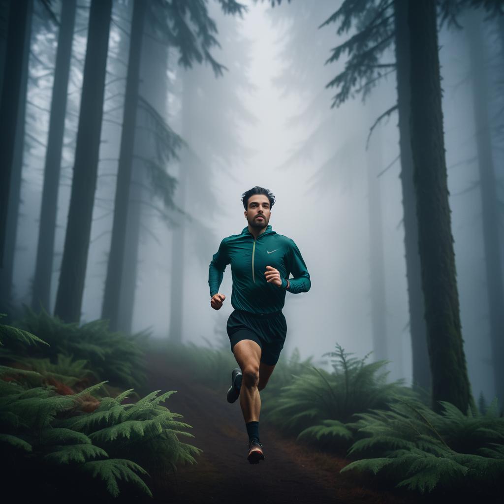 Determined Man Running in Misty Forest