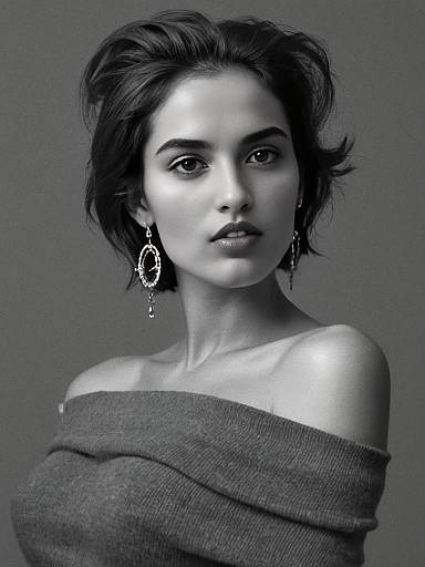 Black and White Portrait of Woman with Hoop Earrings and Off-Shoulder Sweater