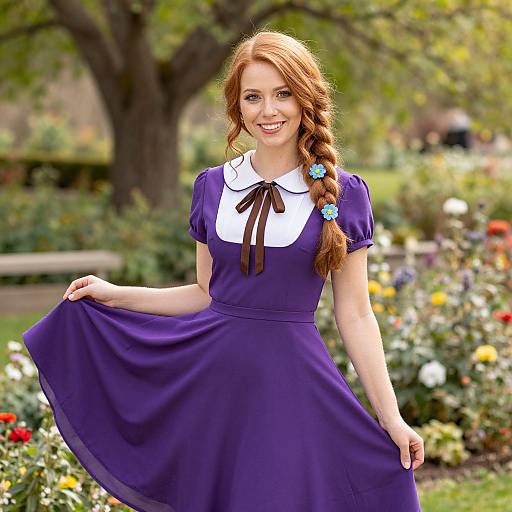 Young Woman in Vintage Purple Dress with Braided Hair in Garden