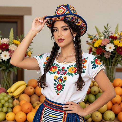 Woman in Traditional Embroidered Mexican Outfit with Colorful Hat Among Fruits
