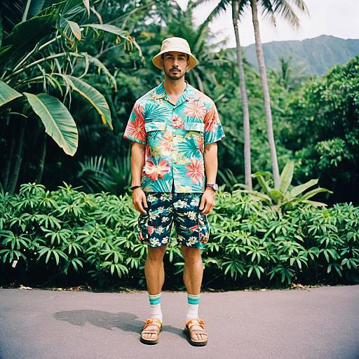 Man in Colorful Floral Outfit Standing on Tropical Path