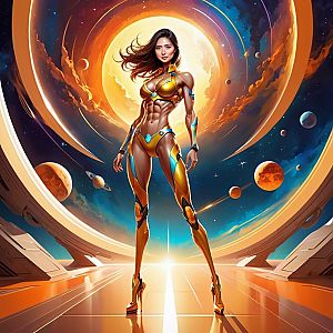 Futuristic Woman in Golden Armor on Metallic Platform