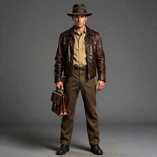 Man in Vintage Leather Jacket and Fedora Holding Briefcase