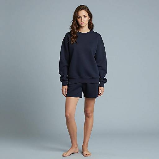 Casual Navy Blue Oversized Sweatshirt and Shorts Loungewear Outfit