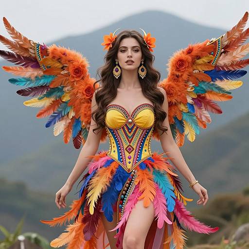Woman in Colorful Feathered Carnival Costume with Wings Outdoors