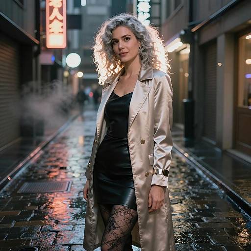Elegant Woman in Satin Trench Coat and Black Dress on Urban Night Street