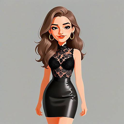 Stylish Woman in Black Lace Top and Leather Skirt Digital Illustration