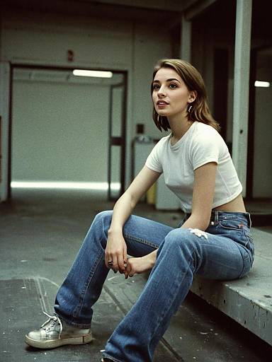 Casual Urban Portrait of Young Woman in White T-Shirt and Blue Jeans