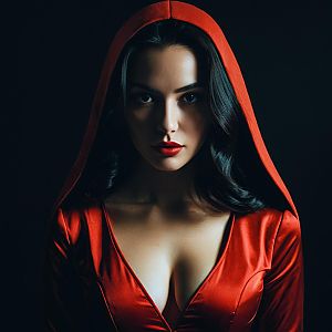 Portrait of Woman in Red Hooded Satin Dress with Intense Gaze