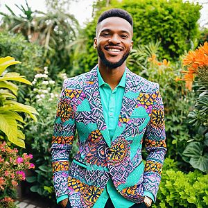 Cheerful Man in Vibrant Suit in Lush Garden