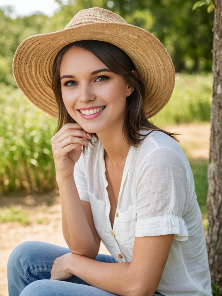 Cheerful woman in a wide-brimmed hat outdoors