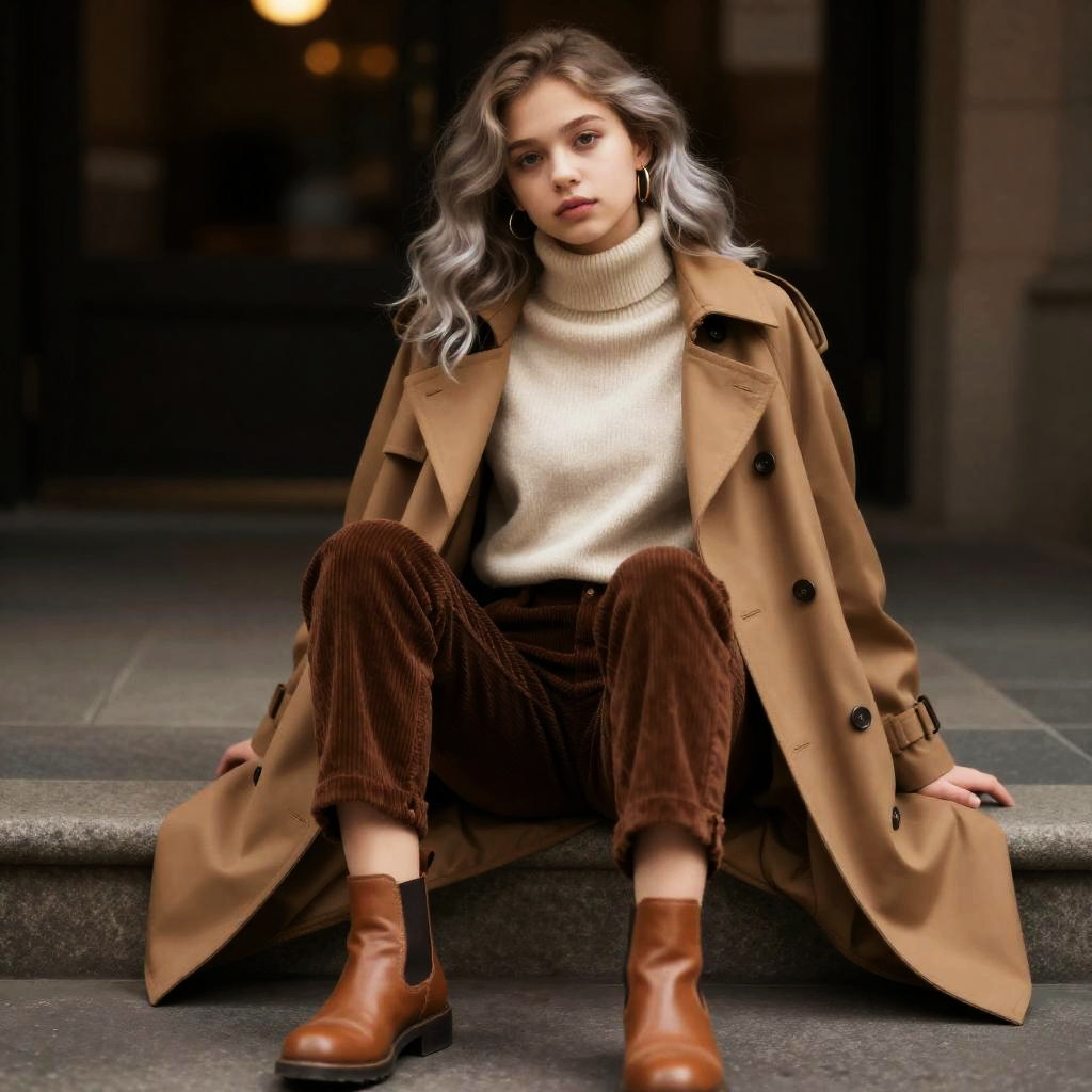 Stylish Young Woman in Tan Trench Coat and Brown Corduroy Pants Sitting on Urban Steps