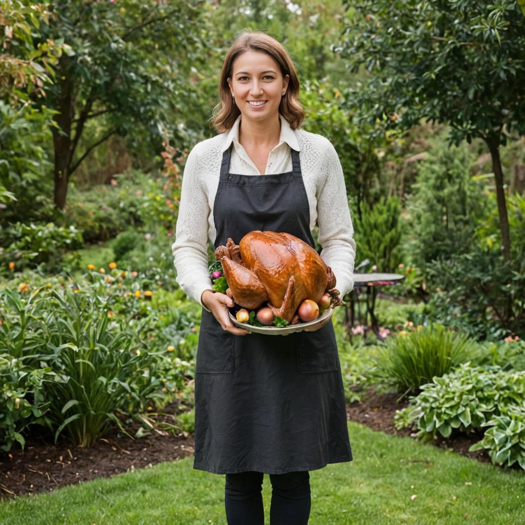 Cheerful Woman with Roasted Turkey in Garden