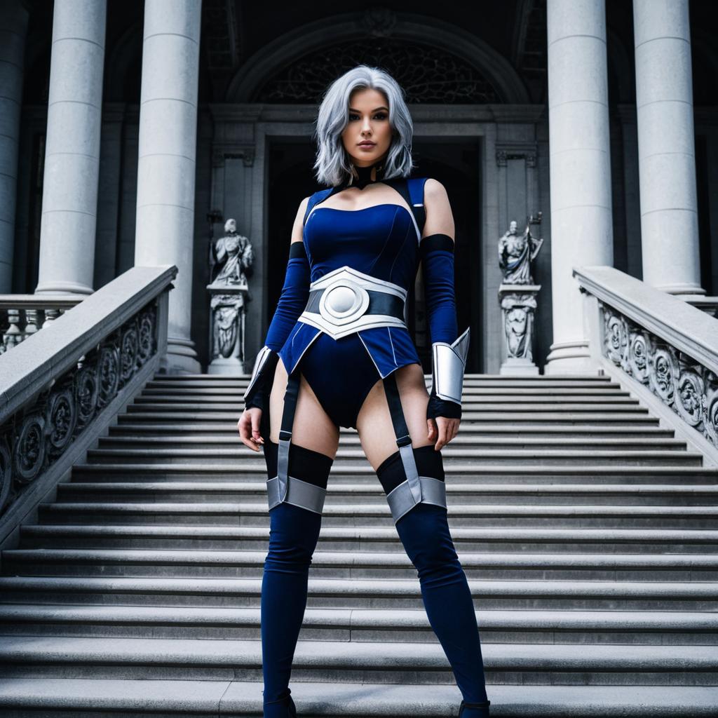 Woman in Futuristic Blue Cosplay Costume on Grand Staircase