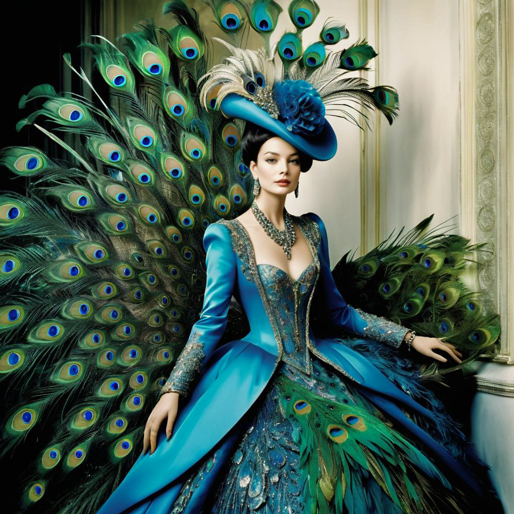 Woman in Peacock-Themed Dress with Hat and Jewelry